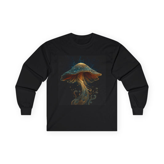 Mystic Golden Mushroom Long Sleeve Tee — Glowing Fungi Fantasy Shirt