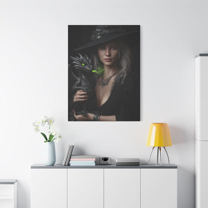 Mystical Dragon Wall Art, Dark Fantasy Home Decor, Witch and Dragon Canvas, Enchanted Art Print, Gothic Room Decoration