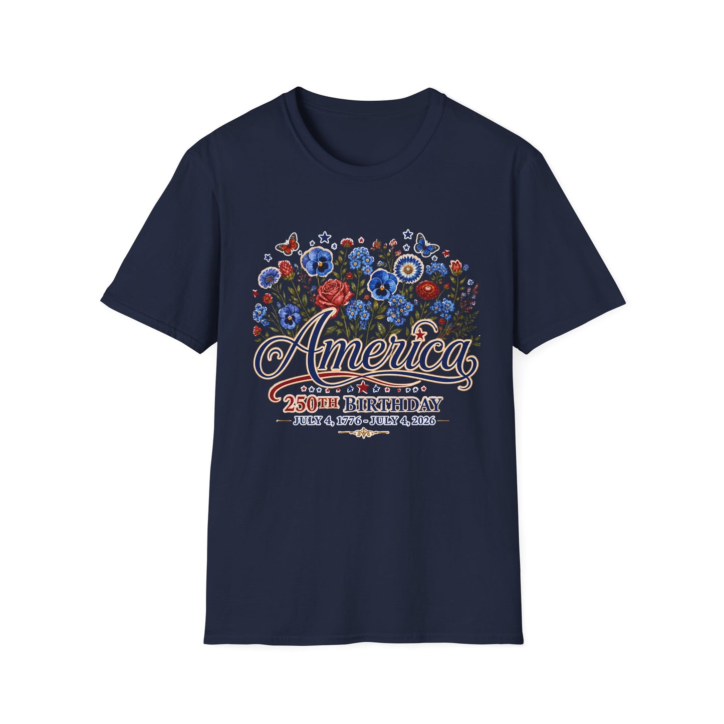 America 250th Birthday Floral T-Shirt — Patriotic 4th of July Tee