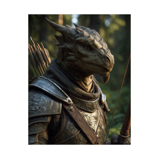 Fantasy Dragonborn Ranger Satin Paper Poster — Armored Dragonborn Ranger Wall Art