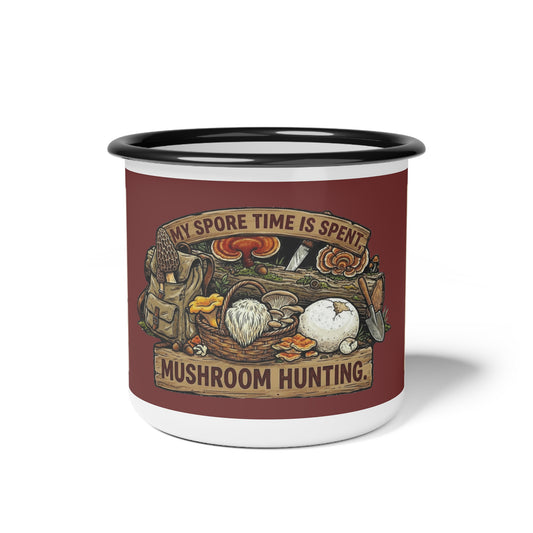 Enamel Camp Cup - 'My Spore Time Is Spent' Mushroom Hunting Mug with Mushroom ID Chart
