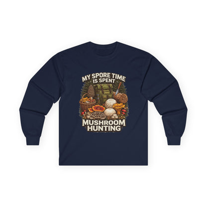 Mushroom Hunting Long Sleeve Tee — "My Spore Time Is Spent" For Foragers & Nature Lovers