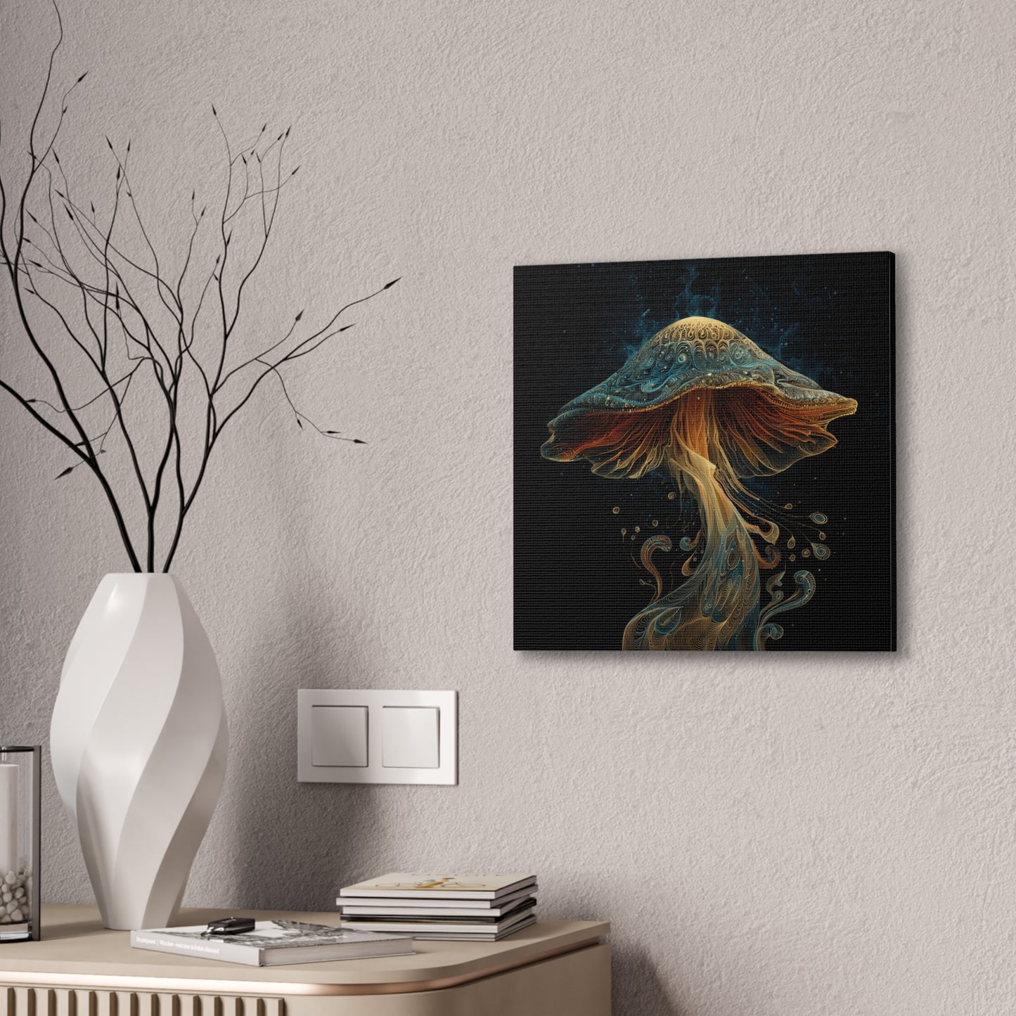 Floating High-Mushroom Canvas Art, Stretched Wall Decor, Bohemian Home Decor, Psychedelic Wall Art, Nature-Inspired Art