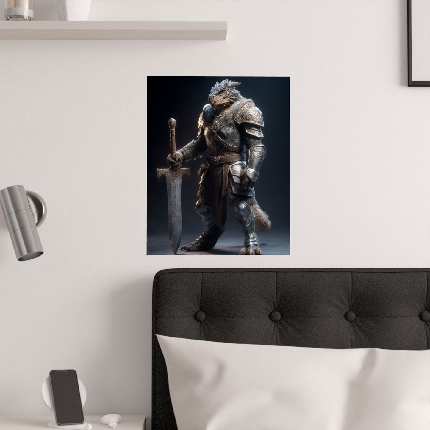Fantasy Dragon Born Knight Satin Paper Poster — Armored Dragonborn Warrior Wall Art