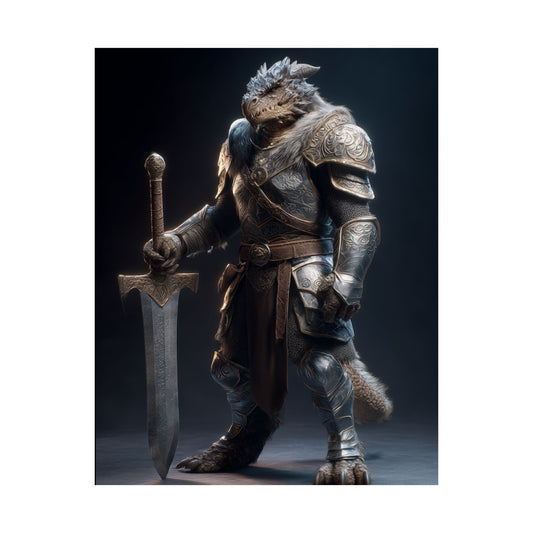 Fantasy Dragon Born Knight Satin Paper Poster — Armored Dragonborn Warrior Wall Art