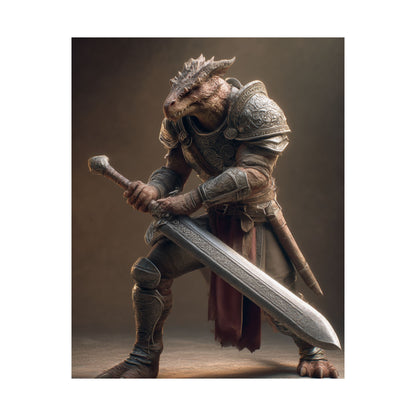 Fantasy Dragon Born Warrior Satin Paper Poster — Armored Dragonborn Fighter Wall Art