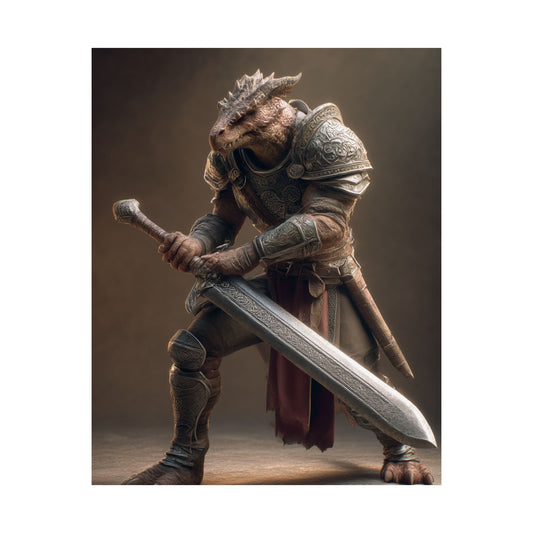 Fantasy Dragon Born Warrior Satin Paper Poster — Armored Dragonborn Fighter Wall Art