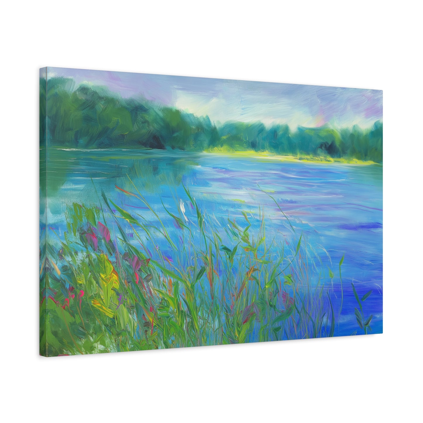 Lakeside Tranquility -- Serene Landscape Wall Art Canvas, Colorful Nature Decor,
