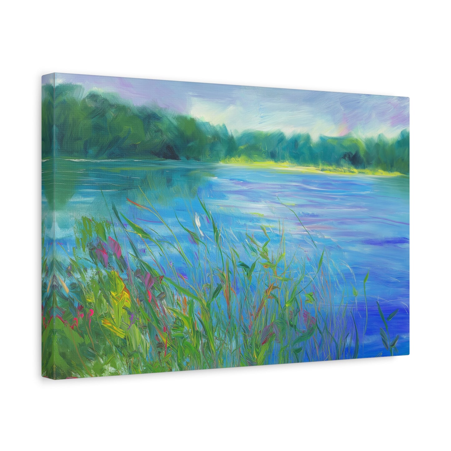 Lakeside Tranquility -- Serene Landscape Wall Art Canvas, Colorful Nature Decor,