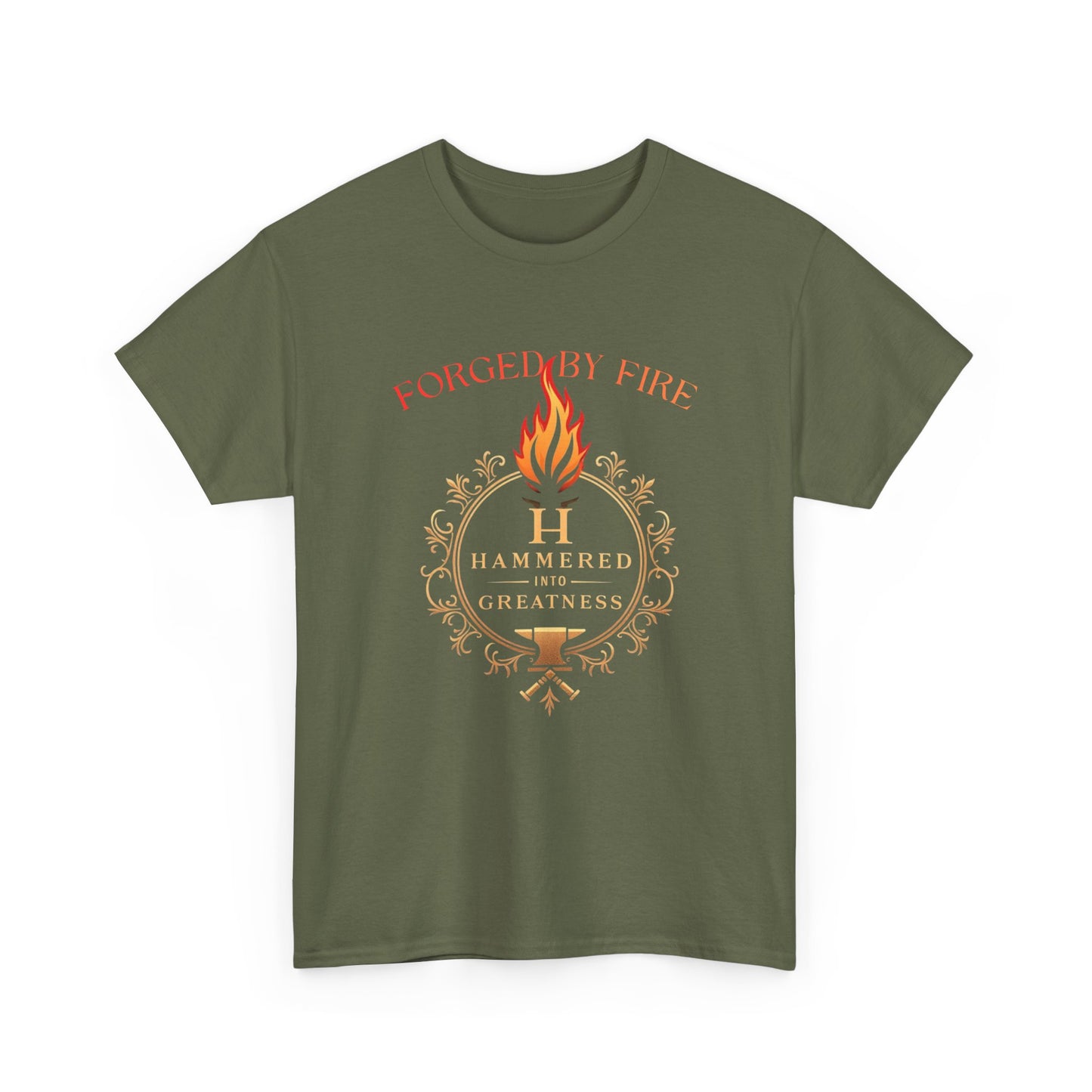 Forged By Fire T‑Shirt — Flaming Torch Crest Graphic Tee