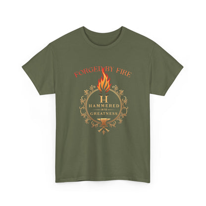 Forged By Fire T‑Shirt — Flaming Torch Crest Graphic Tee
