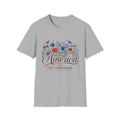 America 250th Birthday Floral T-Shirt — Patriotic 4th of July Tee