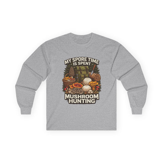 Mushroom Hunting Long Sleeve Tee — "My Spore Time Is Spent" For Foragers & Nature Lovers