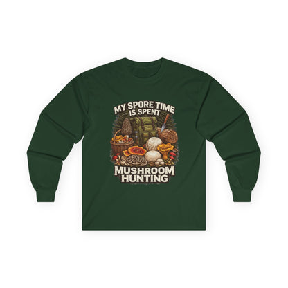 Mushroom Hunting Long Sleeve Tee — "My Spore Time Is Spent" For Foragers & Nature Lovers