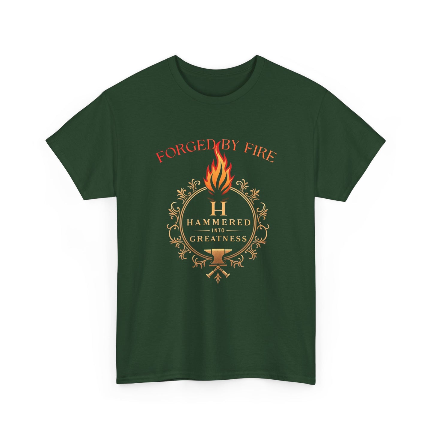 Forged By Fire T‑Shirt — Flaming Torch Crest Graphic Tee