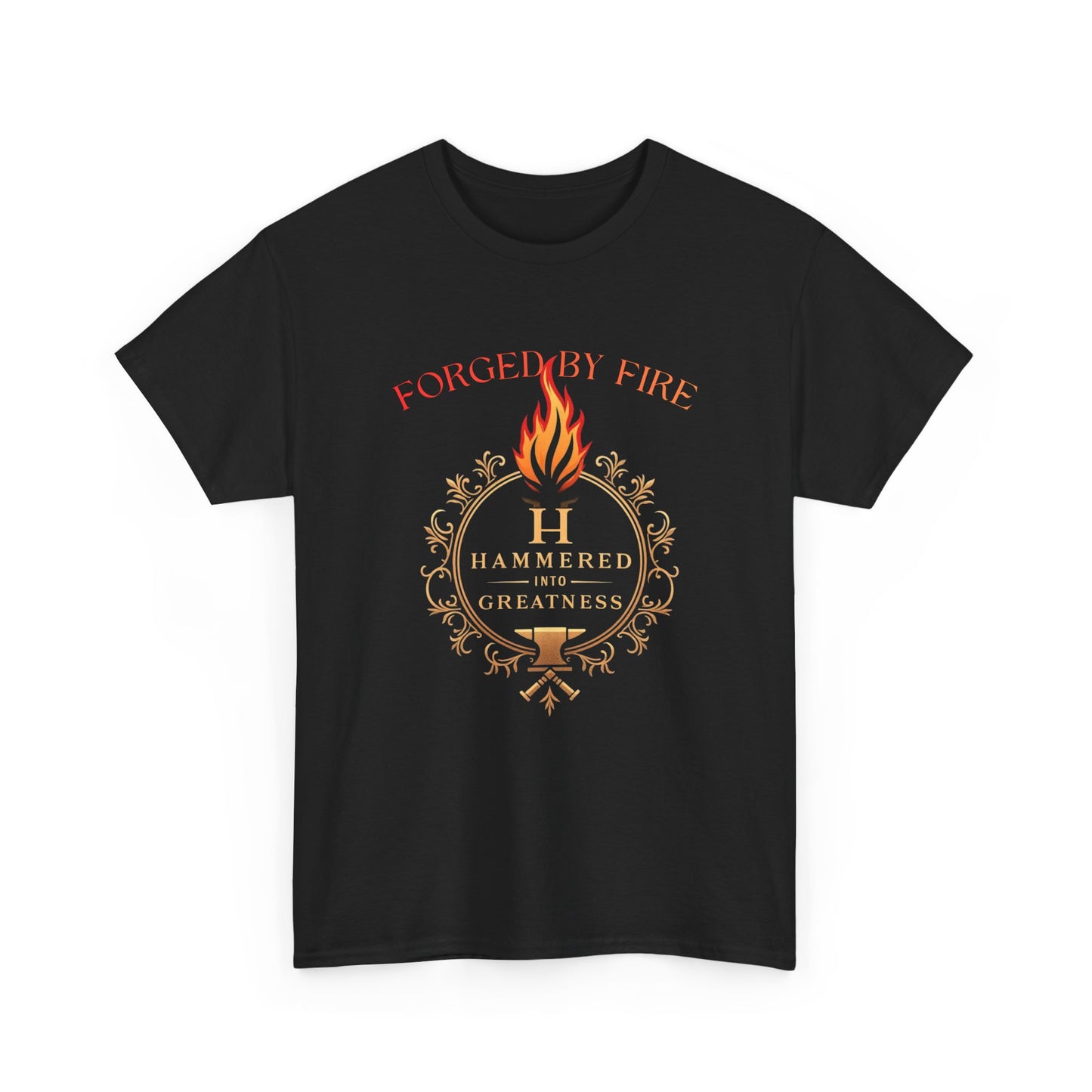 Forged By Fire T‑Shirt — Flaming Torch Crest Graphic Tee