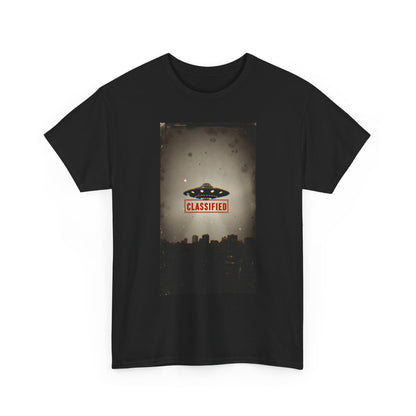 Classified UFO --Unisex Heavy Cotton Tee, Alien Graphic Tee, Sci-Fi Shirt, Gift for UFO Lovers, Casual Wear, Halloween Costume