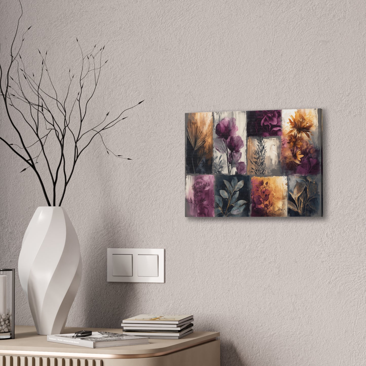 Golden Plum Series #1 Floral Canvas Wall Art, Abstract Flowers Print, Home Decor, Living Room Artwork, Purple and Gold Wall Decor