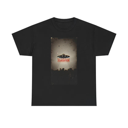 Classified UFO --Unisex Heavy Cotton Tee, Alien Graphic Tee, Sci-Fi Shirt, Gift for UFO Lovers, Casual Wear, Halloween Costume