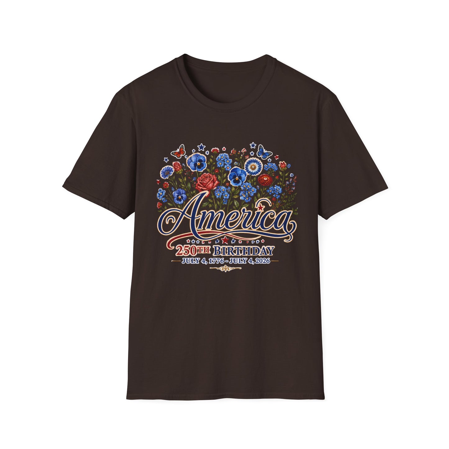 America 250th Birthday Floral T-Shirt — Patriotic 4th of July Tee