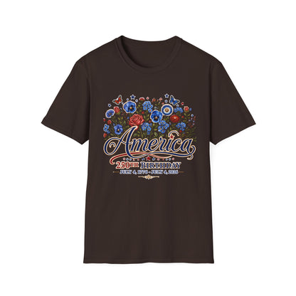 America 250th Birthday Floral T-Shirt — Patriotic 4th of July Tee