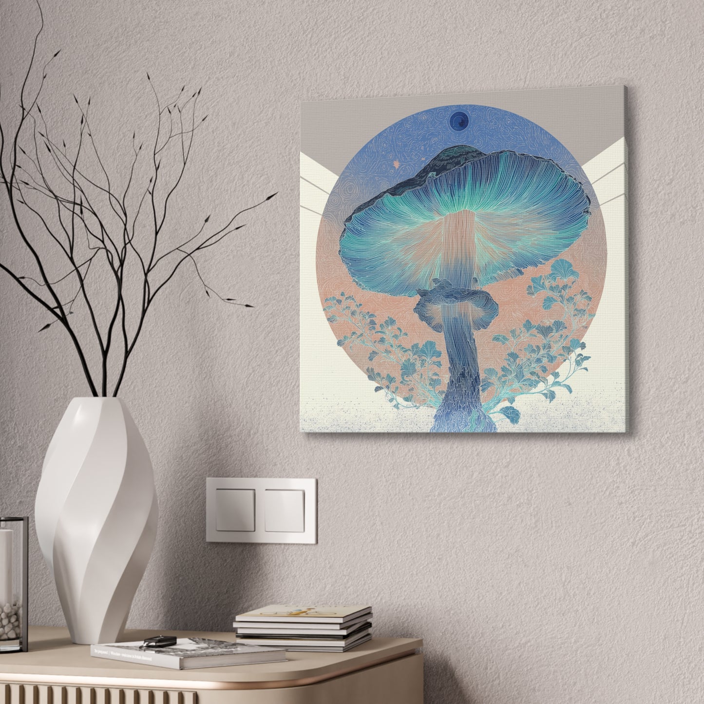 Moonlight Mushroom Inverse-Mushroom Canvas Art, Stretched Wall Decor, Bohemian Home Decor, Psychedelic Wall Art, Nature-Inspired Art