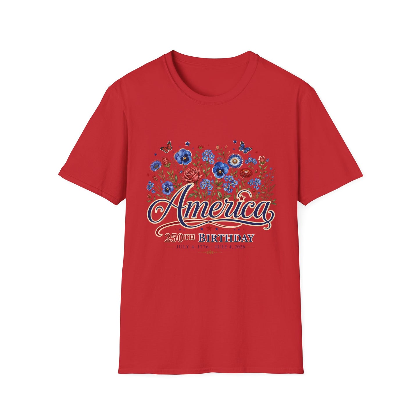 America 250th Birthday Floral T-Shirt — Patriotic 4th of July Tee