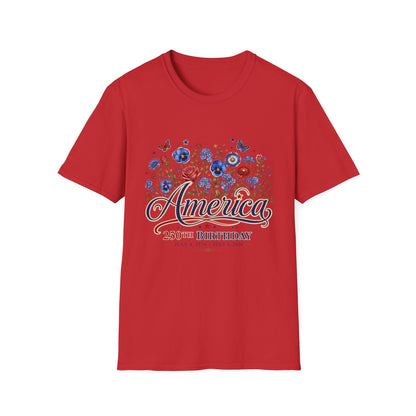 America 250th Birthday Floral T-Shirt — Patriotic 4th of July Tee