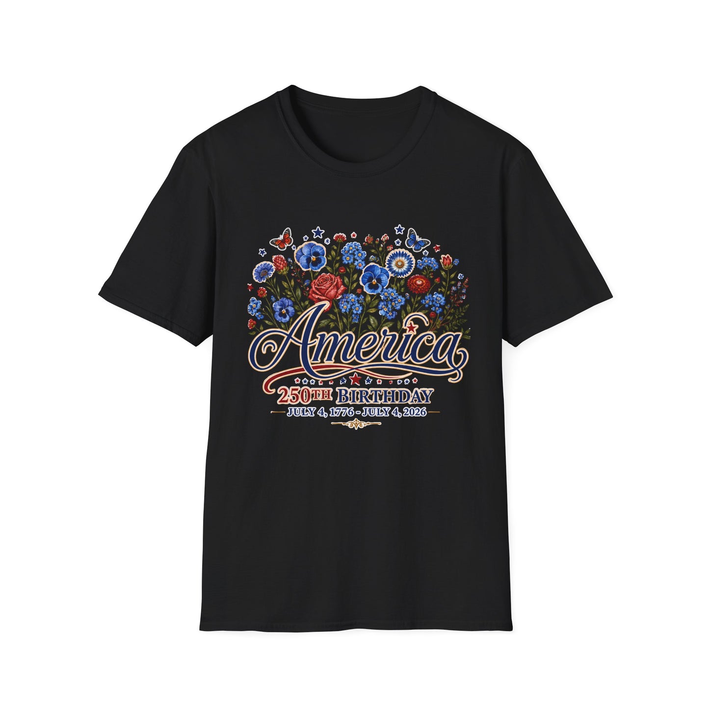 America 250th Birthday Floral T-Shirt — Patriotic 4th of July Tee