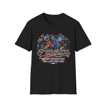 America 250th Birthday Floral T-Shirt — Patriotic 4th of July Tee