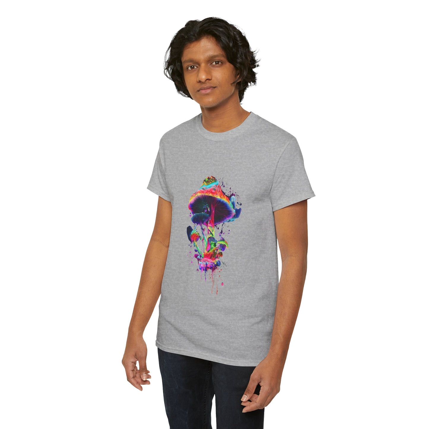 Colorful Psychedelic Mushroom Tee, Unisex Heavy Cotton T-Shirt, Vibrant Graphic Shirt, Perfect for Festivals, Eco-friendly Gift, Casual Wear
