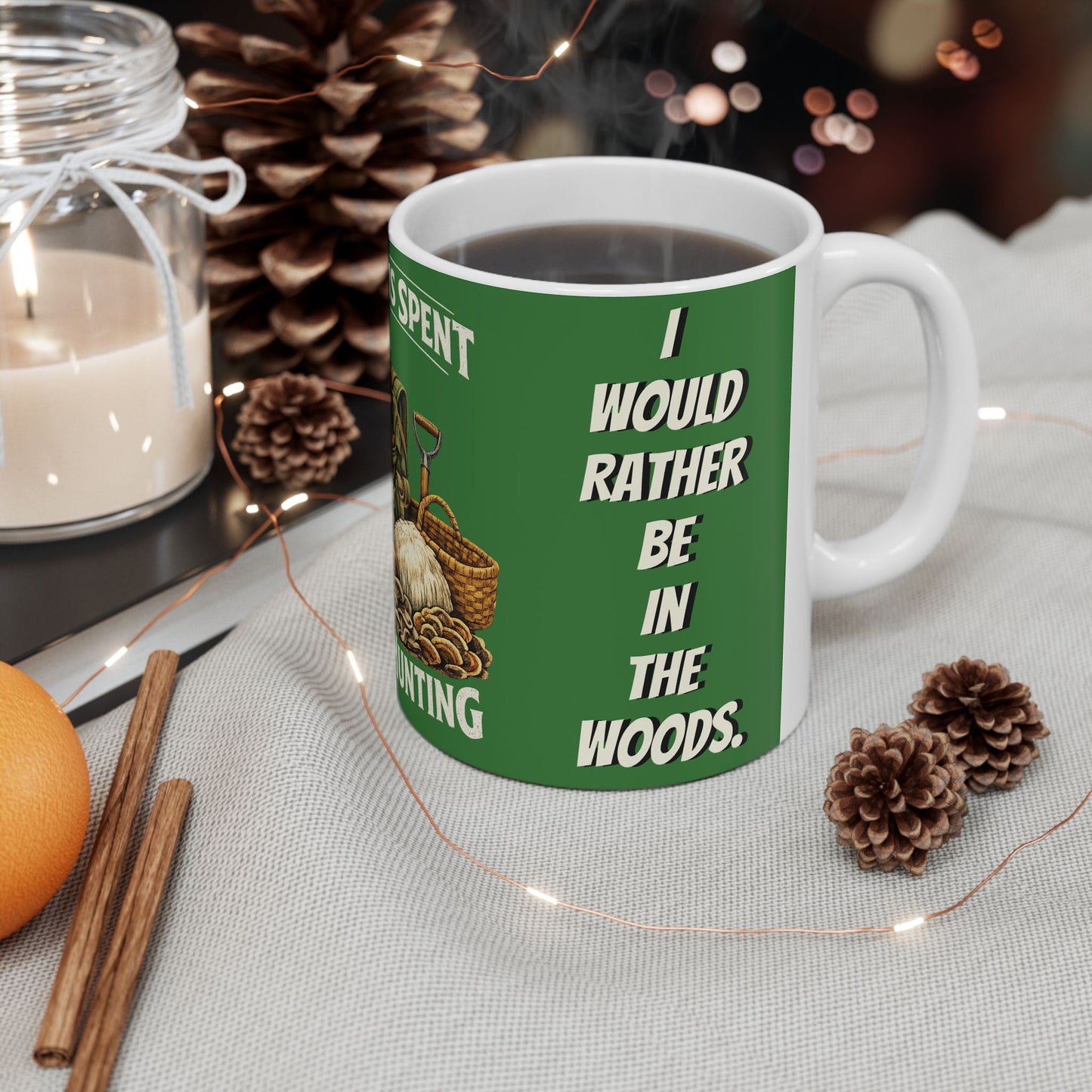 Mushroom Hunting Ceramic Mug 2 — "My Spare Time Is Spent Mushroom Hunting" Coffee Cup