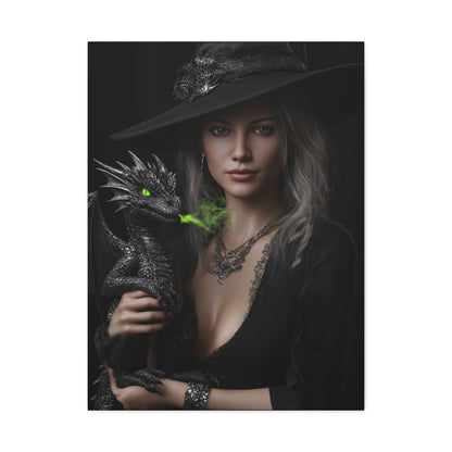 Mystical Dragon Wall Art, Dark Fantasy Home Decor, Witch and Dragon Canvas, Enchanted Art Print, Gothic Room Decoration