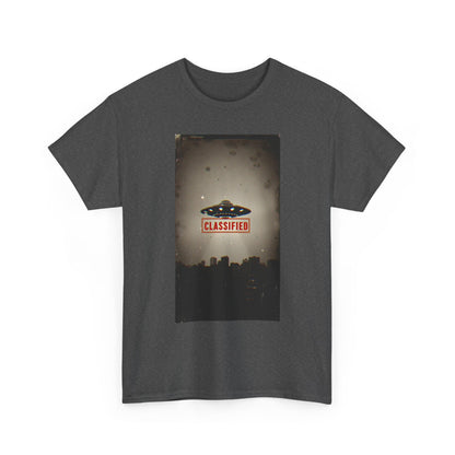 Classified UFO --Unisex Heavy Cotton Tee, Alien Graphic Tee, Sci-Fi Shirt, Gift for UFO Lovers, Casual Wear, Halloween Costume