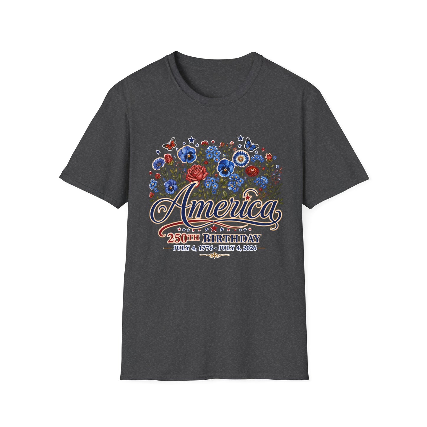 America 250th Birthday Floral T-Shirt — Patriotic 4th of July Tee