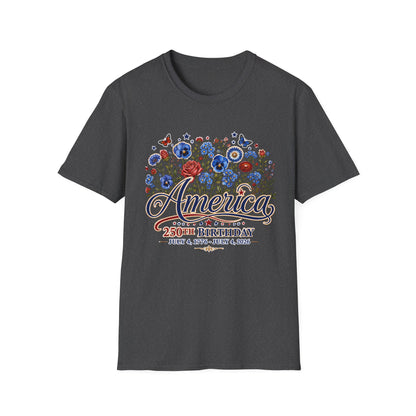 America 250th Birthday Floral T-Shirt — Patriotic 4th of July Tee