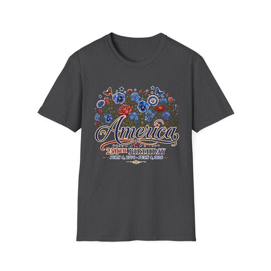 America 250th Birthday Floral T-Shirt — Patriotic 4th of July Tee
