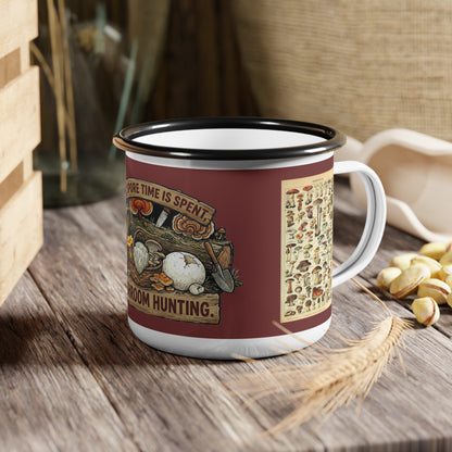 Enamel Camp Cup - 'My Spore Time Is Spent' Mushroom Hunting Mug with Mushroom ID Chart