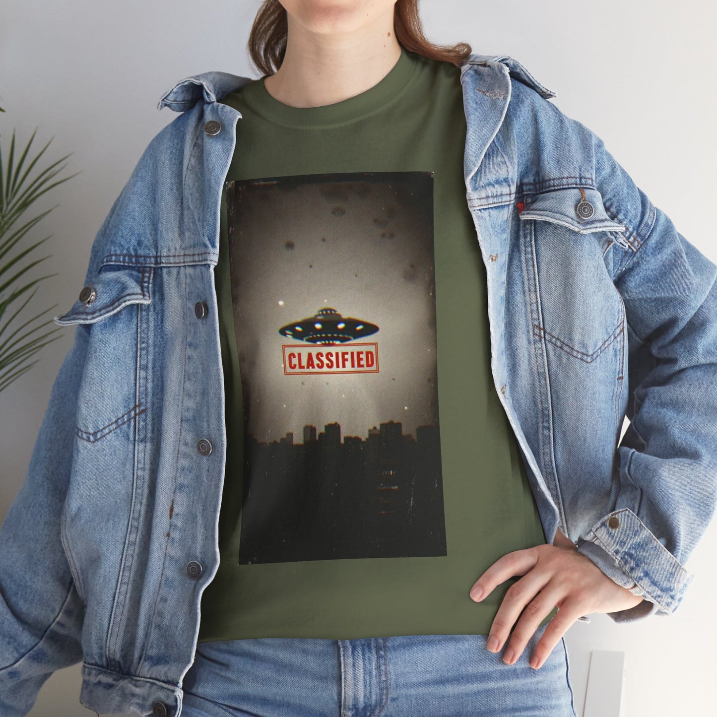 Classified UFO --Unisex Heavy Cotton Tee, Alien Graphic Tee, Sci-Fi Shirt, Gift for UFO Lovers, Casual Wear, Halloween Costume