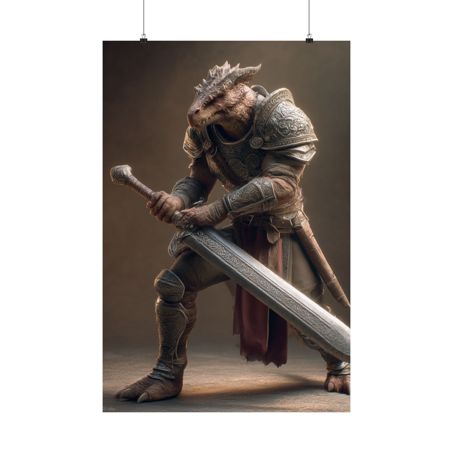 Fantasy Dragon Born Warrior Satin Paper Poster — Armored Dragonborn Fighter Wall Art