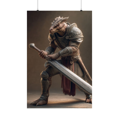 Fantasy Dragon Born Warrior Satin Paper Poster — Armored Dragonborn Fighter Wall Art