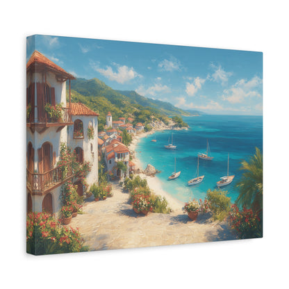 Village by the Sea -Coastal Serenity Canvas Print, Beach Decor, Wall Art for Home, Gift for Beach Lovers