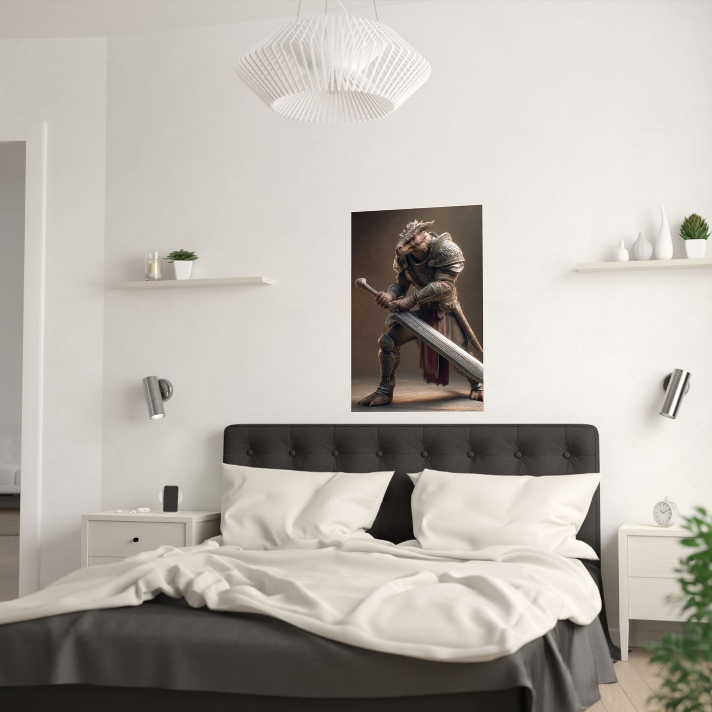 Fantasy Dragon Born Warrior Satin Paper Poster — Armored Dragonborn Fighter Wall Art