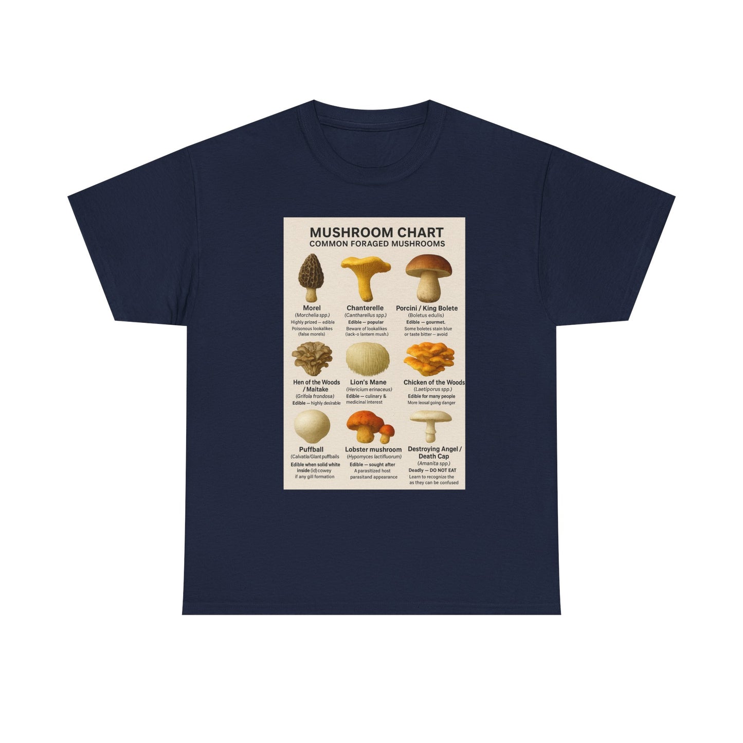 Mushroom Identification Chart Tee for Nature Lovers, Fungi Enthusiasts, Gift for Mycologists, Mushroom Chart T-Shirt, Unisex Cotton Top