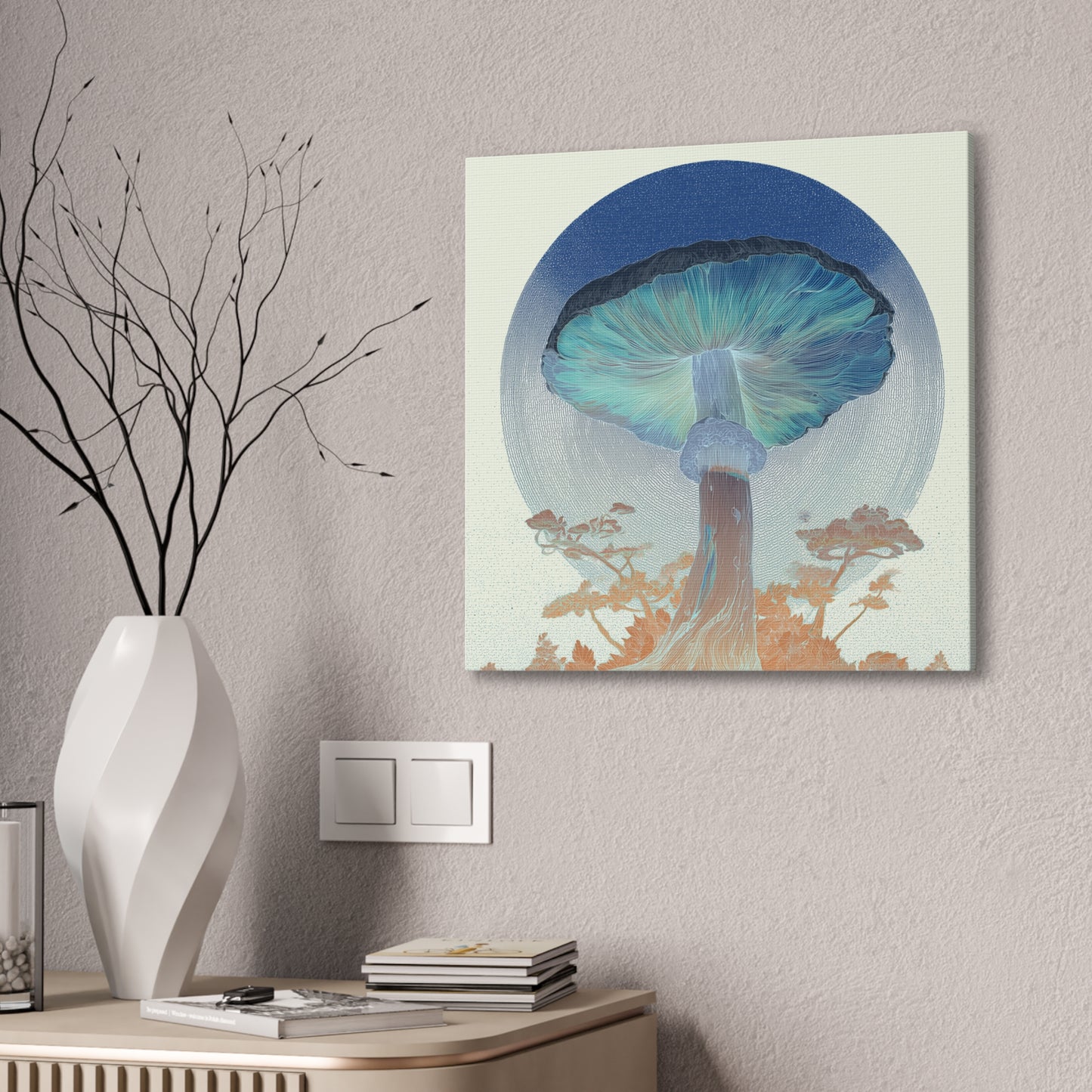 Forest Light Inverse-Mushroom Canvas Art, Stretched Wall Decor, Bohemian Home Decor, Psychedelic Wall Art, Nature-Inspired Art