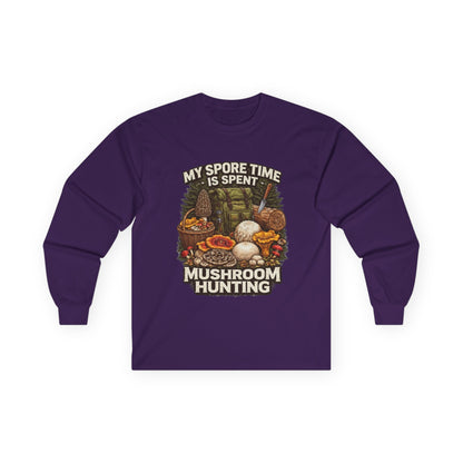 Mushroom Hunting Long Sleeve Tee — "My Spore Time Is Spent" For Foragers & Nature Lovers