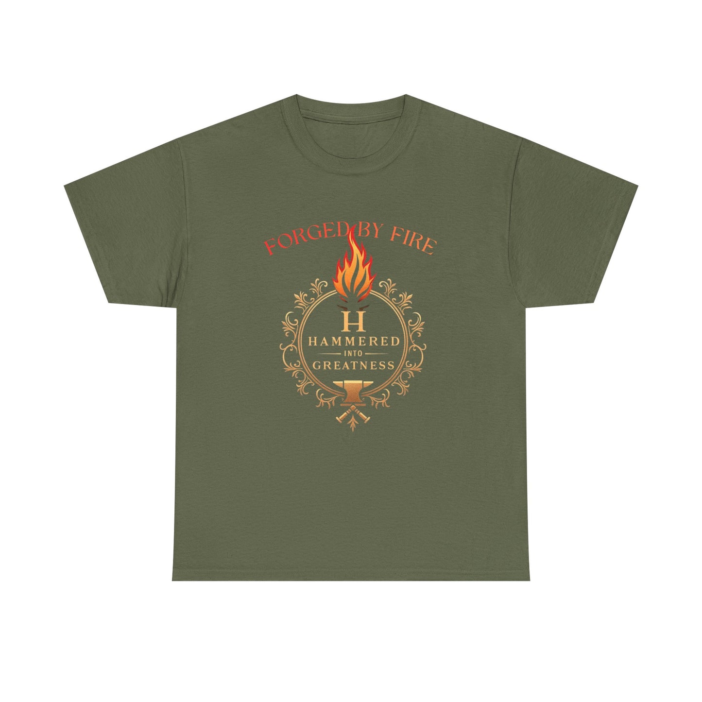 Forged By Fire T‑Shirt — Flaming Torch Crest Graphic Tee