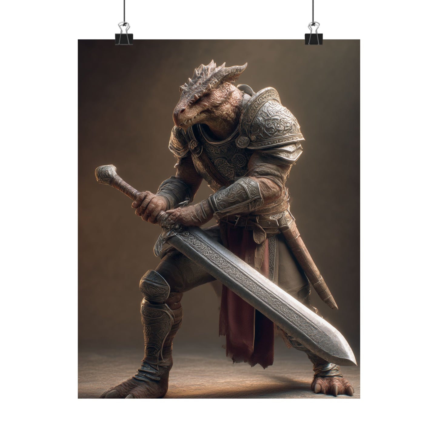 Fantasy Dragon Born Warrior Satin Paper Poster — Armored Dragonborn Fighter Wall Art