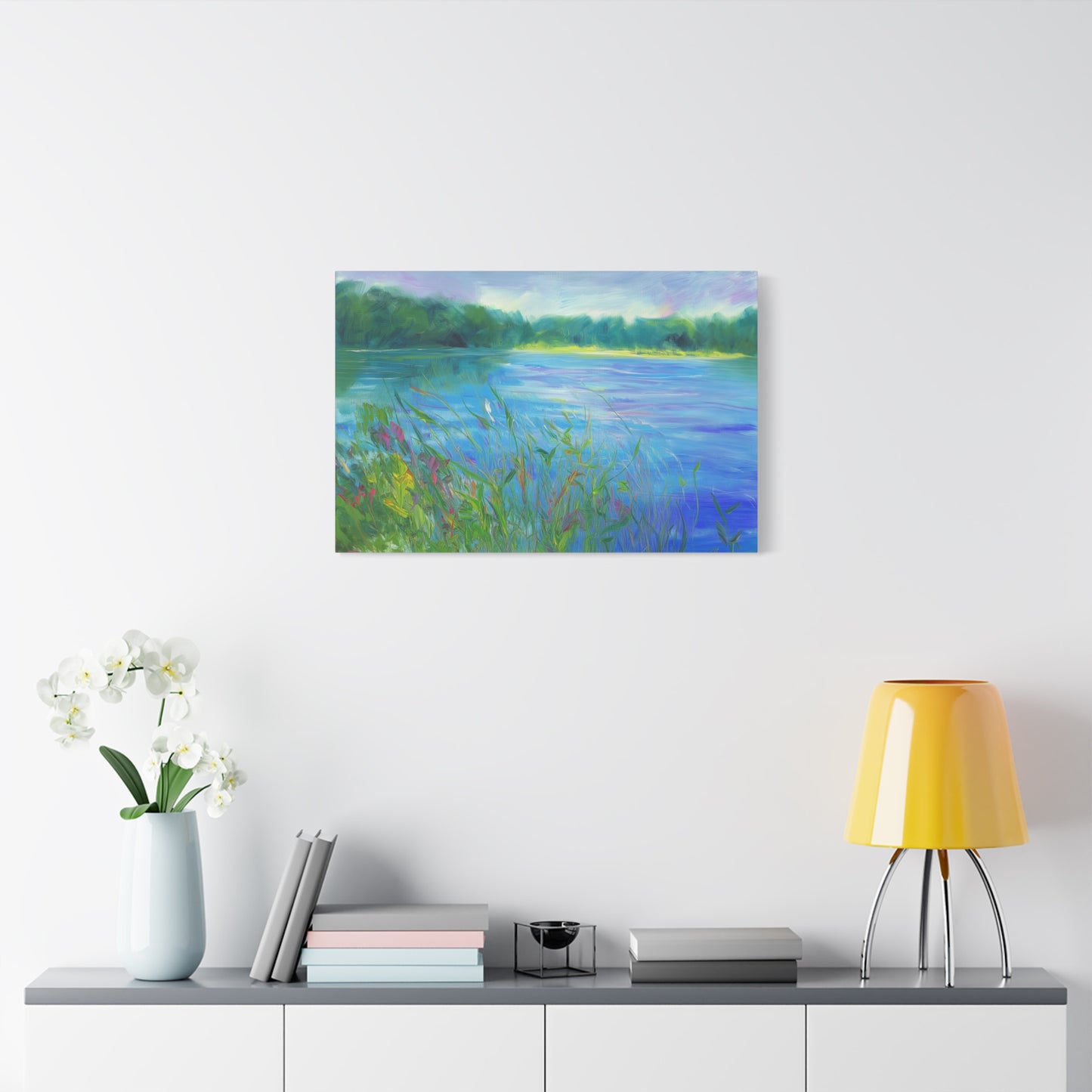 Lakeside Tranquility -- Serene Landscape Wall Art Canvas, Colorful Nature Decor,
