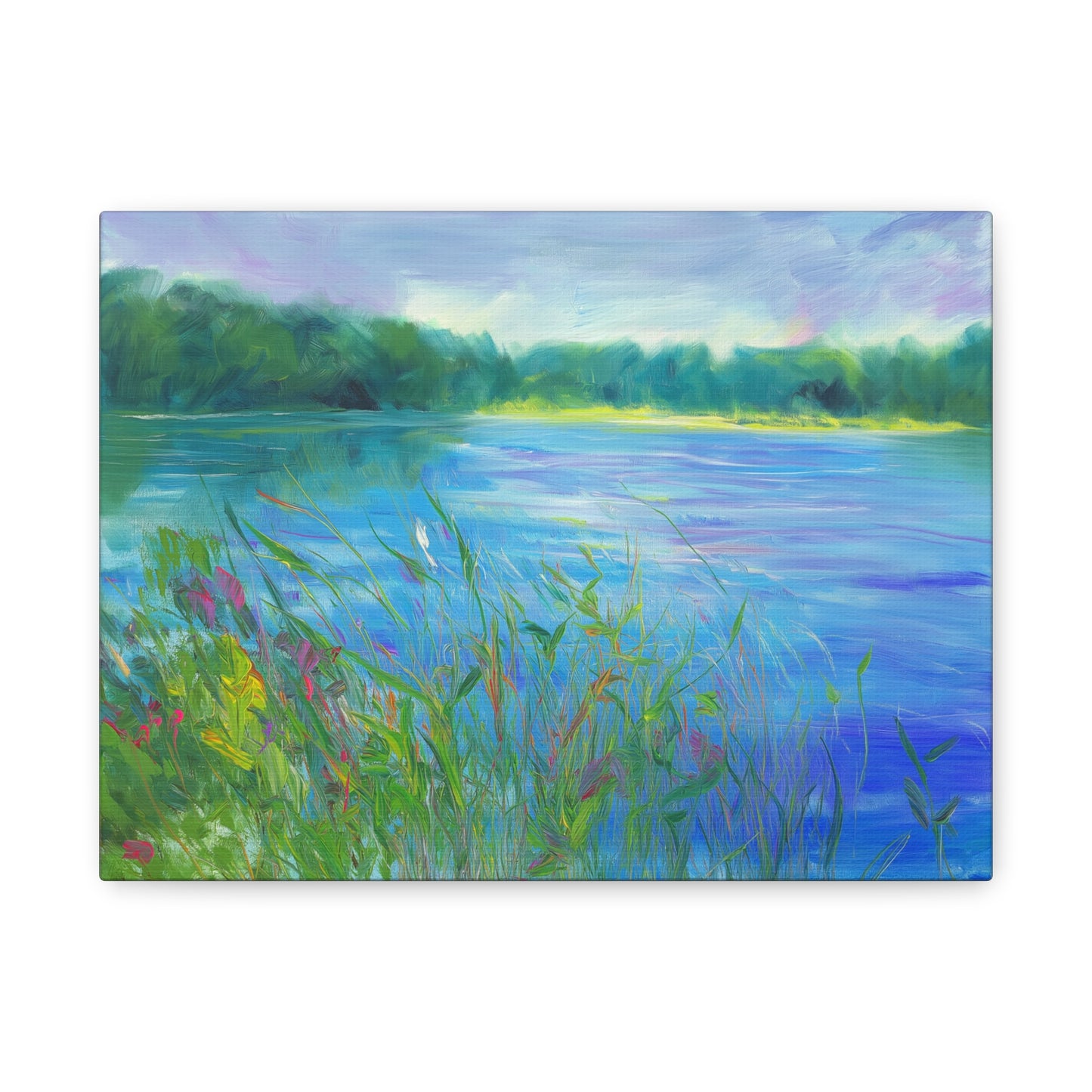 Lakeside Tranquility -- Serene Landscape Wall Art Canvas, Colorful Nature Decor,